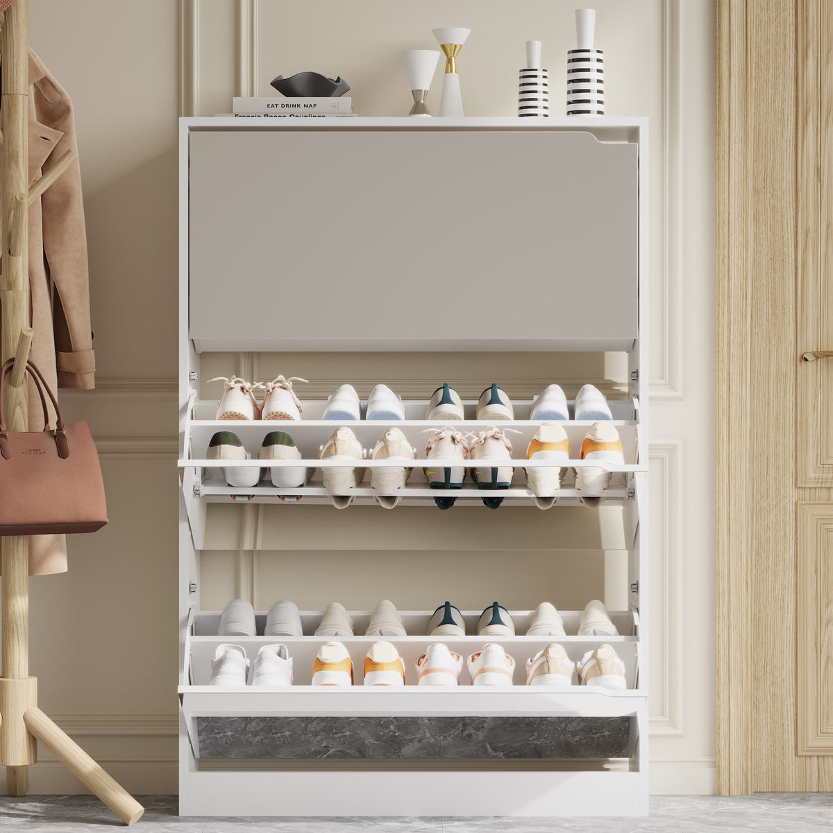 Modern Slim Shoe Cabinet with Mirror, 3 Flip-Down Drawers, Hidden Handle and Space-Saving Storage for Entryway & Hallway