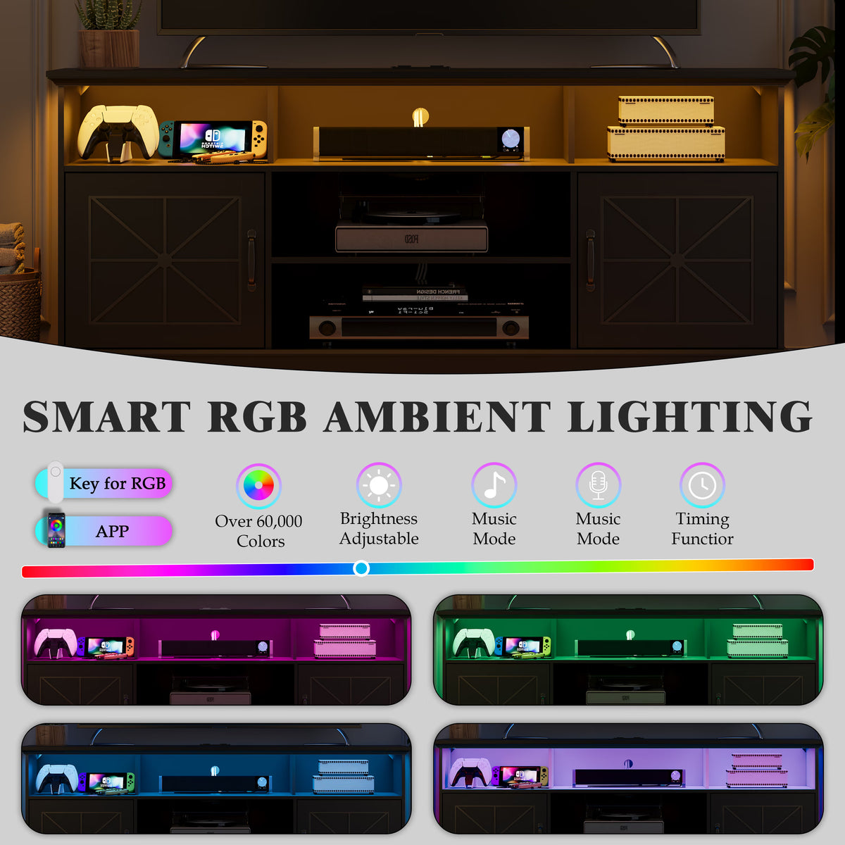 Anymaple Black farmhouse TV stand with LED, built in 2 AC outlets and 2 USB ports for media devices