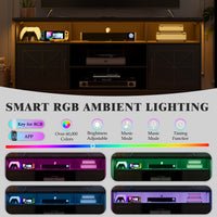 Anymaple Black farmhouse TV stand with LED, built in 2 AC outlets and 2 USB ports for media devices