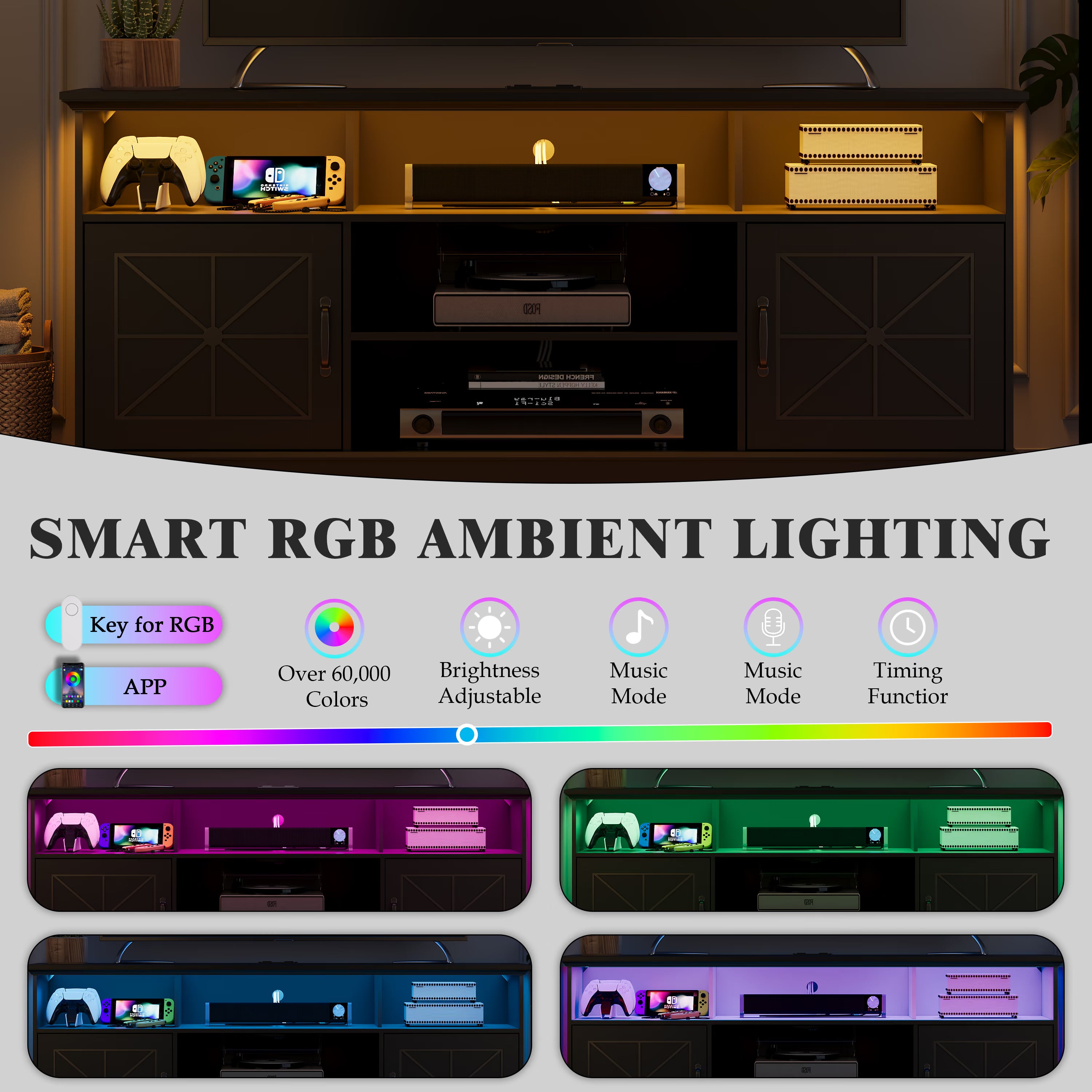 Anymaple Black farmhouse TV stand with LED, built in 2 AC outlets and 2 USB ports for media devices