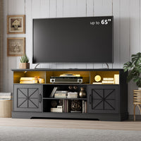 Anymaple Black farmhouse TV stand with LED, farmhouse storage cabinet details with engineered wood finish