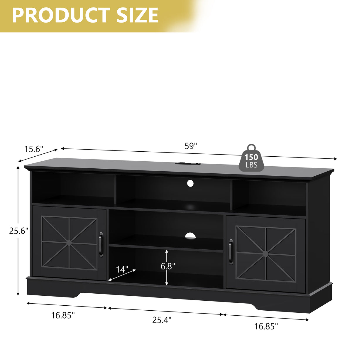 Anymaple Black farmhouse TV stand with LED, open shelves and side cabinets for consoles routers books and decor