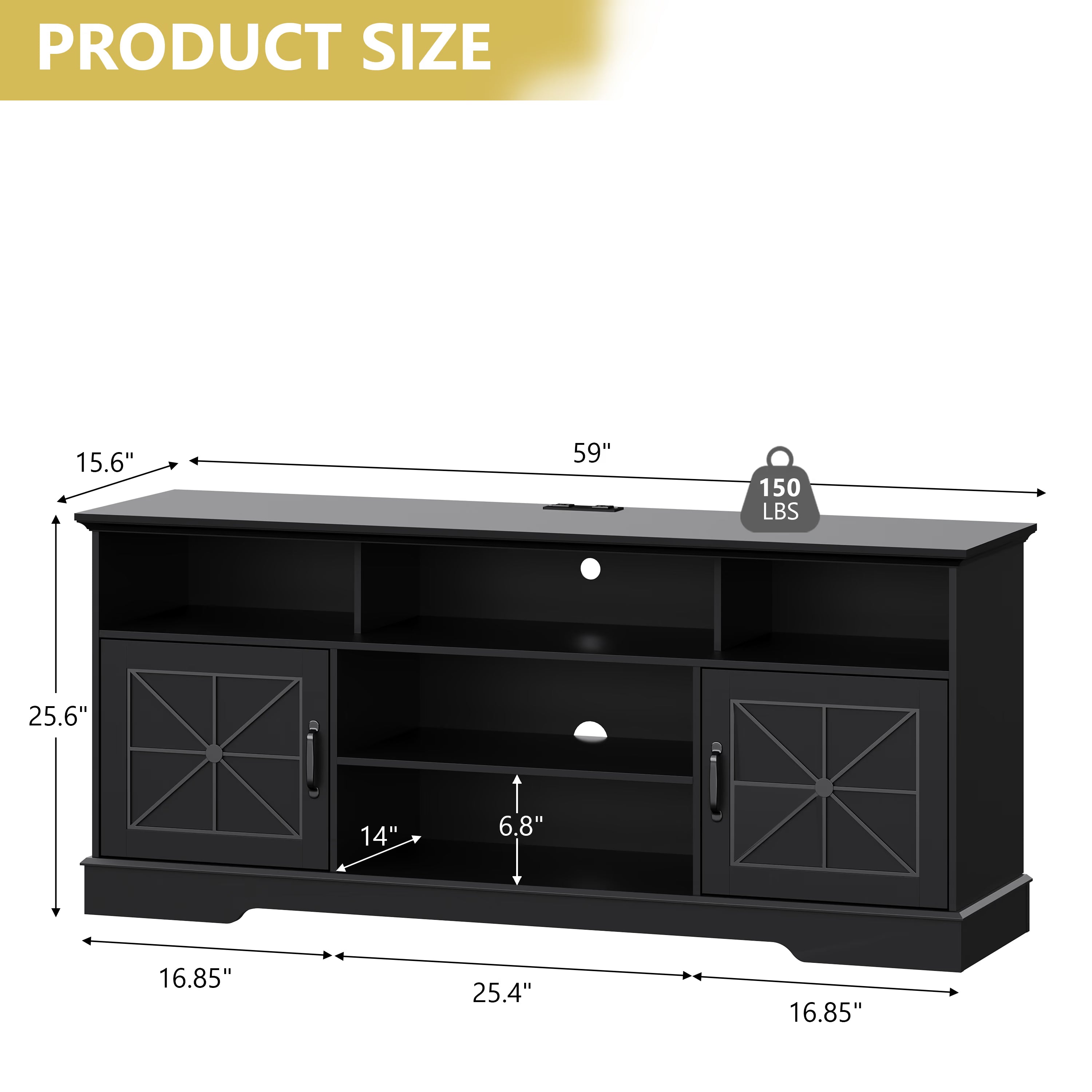 Anymaple Black farmhouse TV stand with LED, open shelves and side cabinets for consoles routers books and decor
