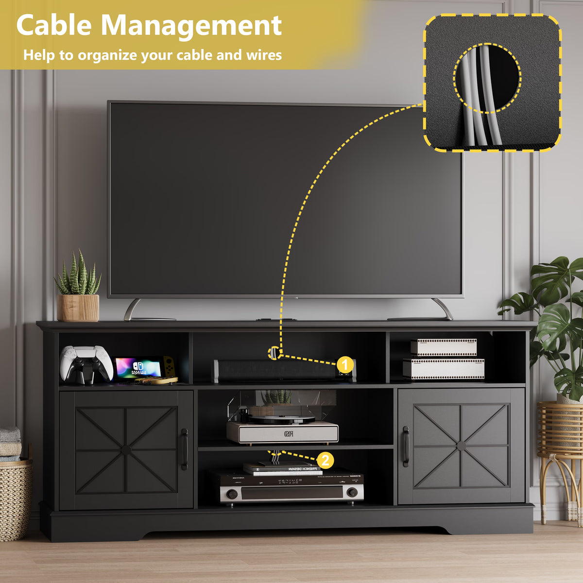 Anymaple Black farmhouse TV stand with LED, RGB LED lighting for movies gaming and ambient living room style
