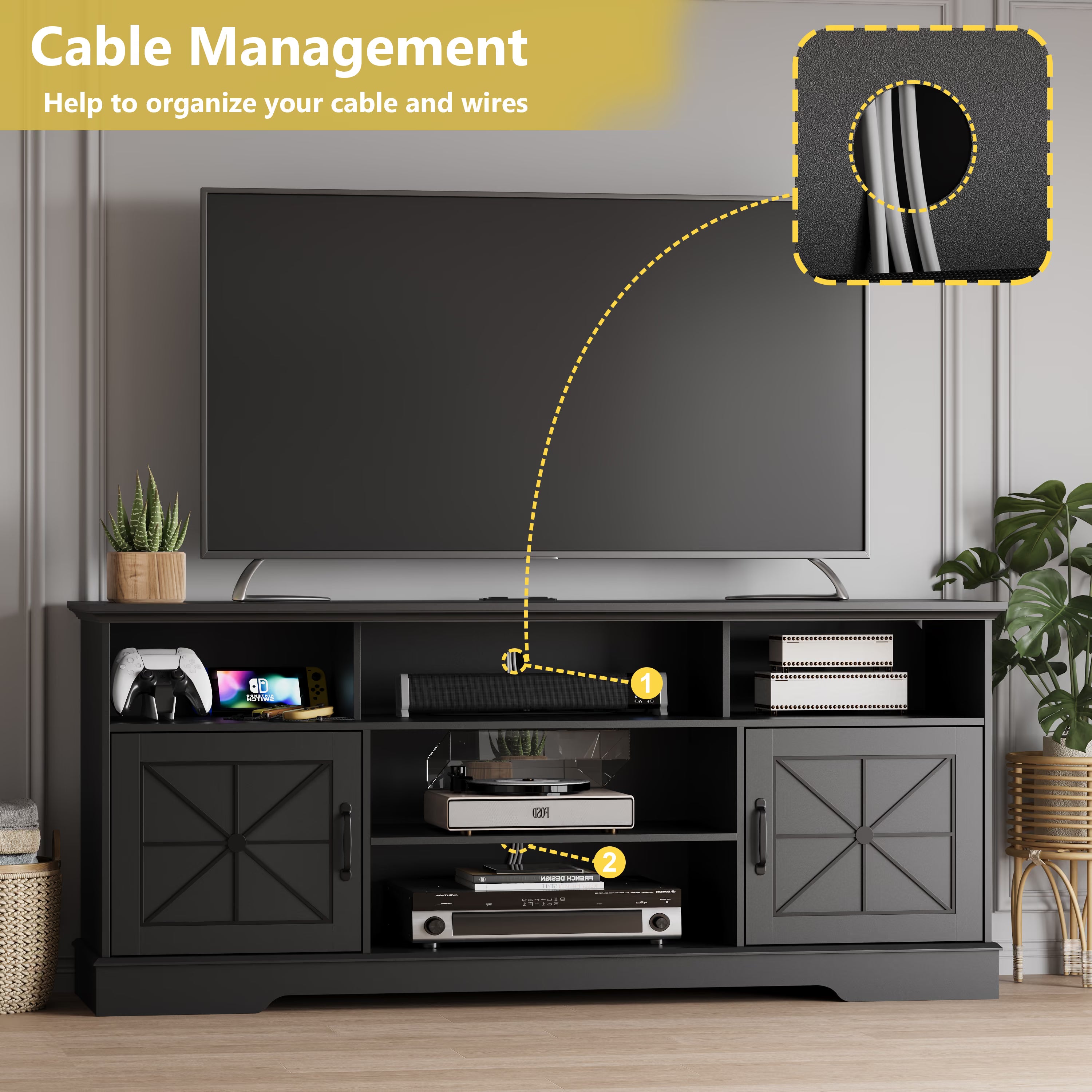 Anymaple Black farmhouse TV stand with LED, RGB LED lighting for movies gaming and ambient living room style