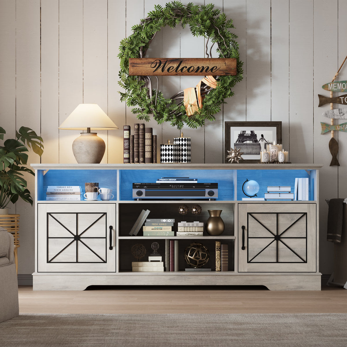 Anymaple Gray farmhouse TV stand with LED, rear cable management holes for a cleaner media console setup