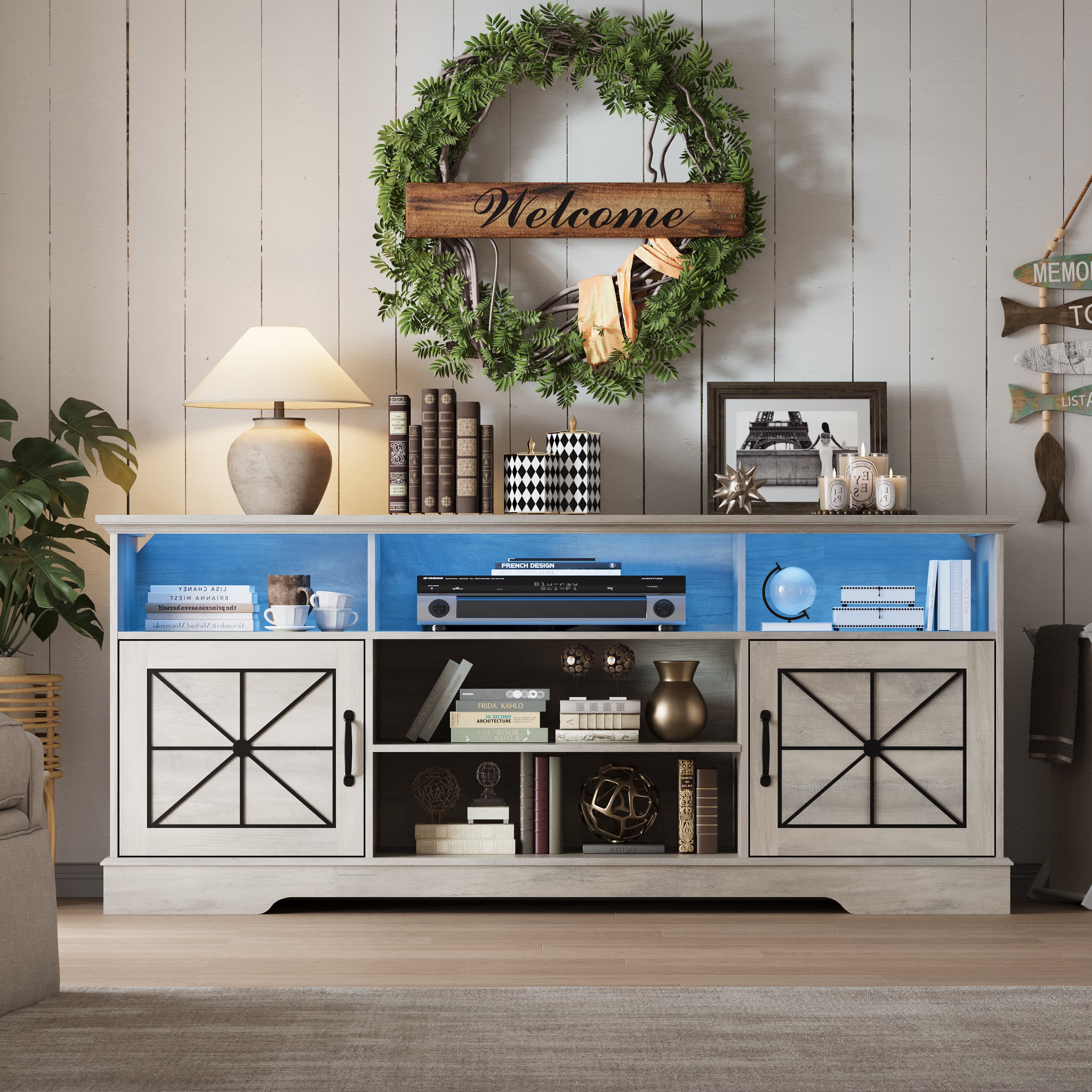 Anymaple Gray farmhouse TV stand with LED, rear cable management holes for a cleaner media console setup
