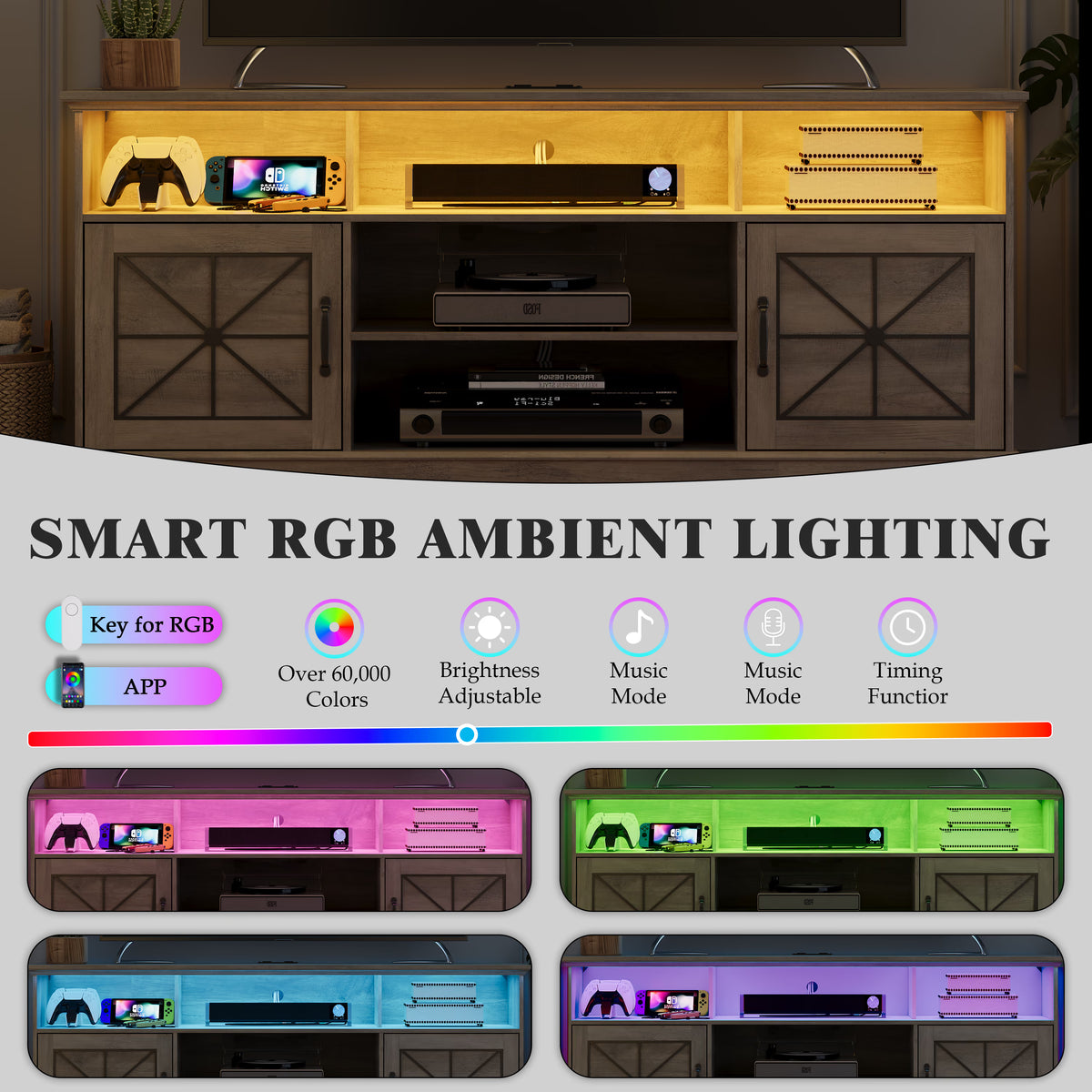 Anymaple Gray farmhouse TV stand with LED, built in 2 AC outlets and 2 USB ports for media devices