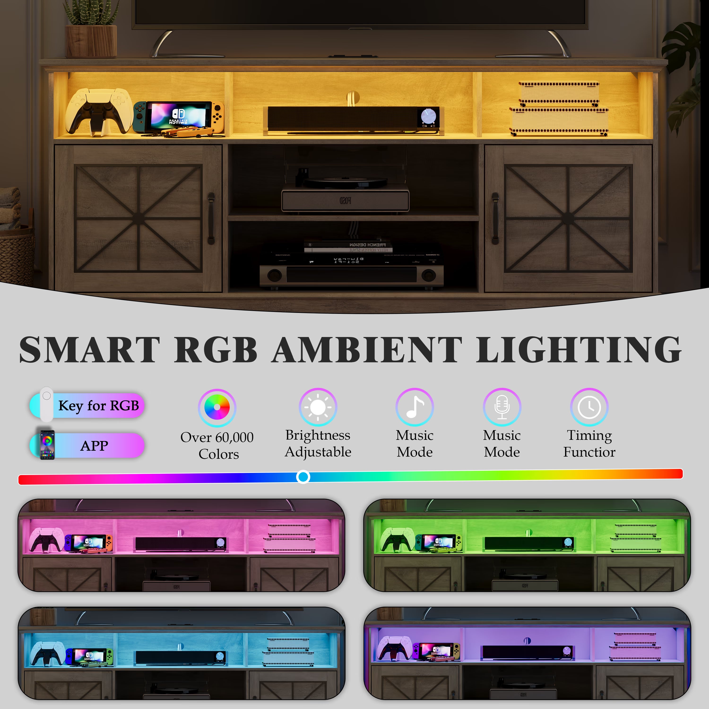 Anymaple Gray farmhouse TV stand with LED, built in 2 AC outlets and 2 USB ports for media devices