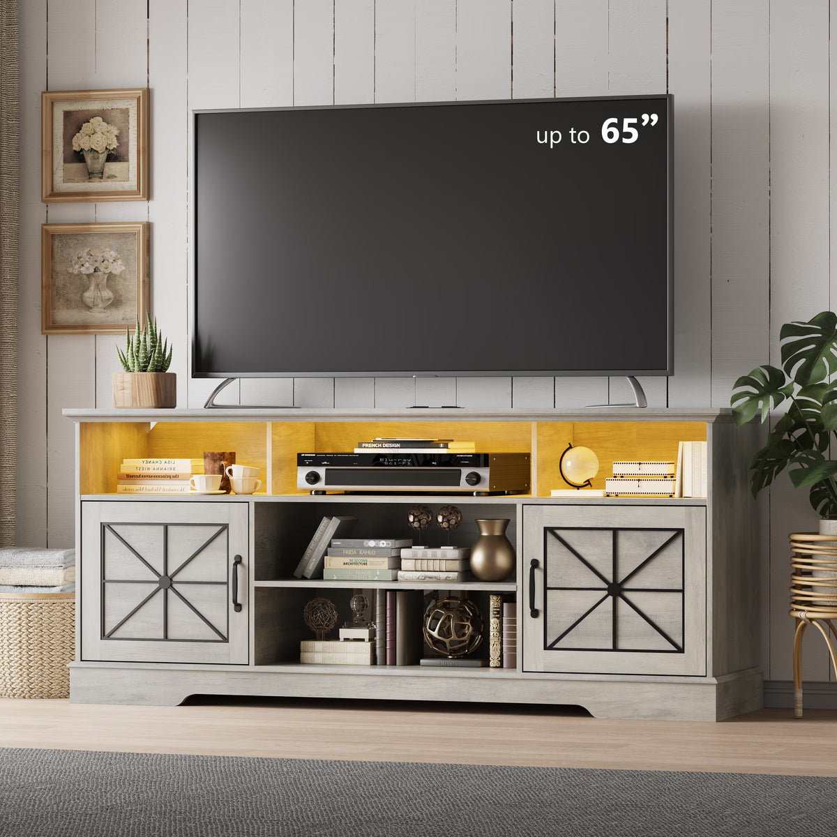 Anymaple Gray farmhouse TV stand with LED, farmhouse storage cabinet details with engineered wood finish