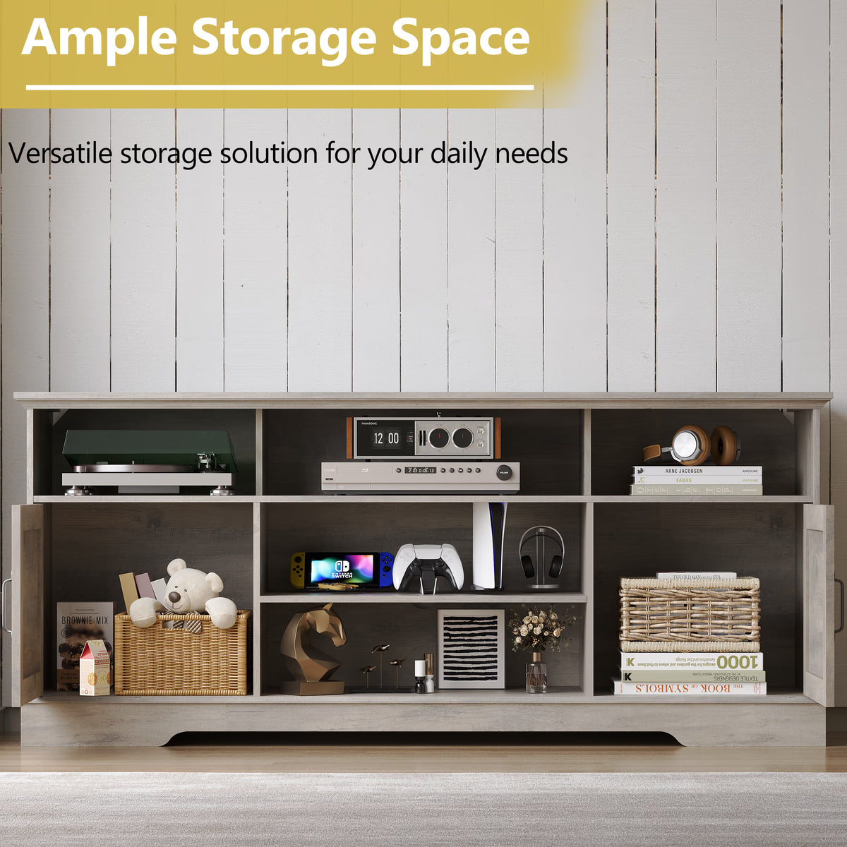 Anymaple Gray farmhouse TV stand with LED, TV console styled in a living room for home theater storage