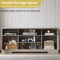 Anymaple Gray farmhouse TV stand with LED, TV console styled in a living room for home theater storage
