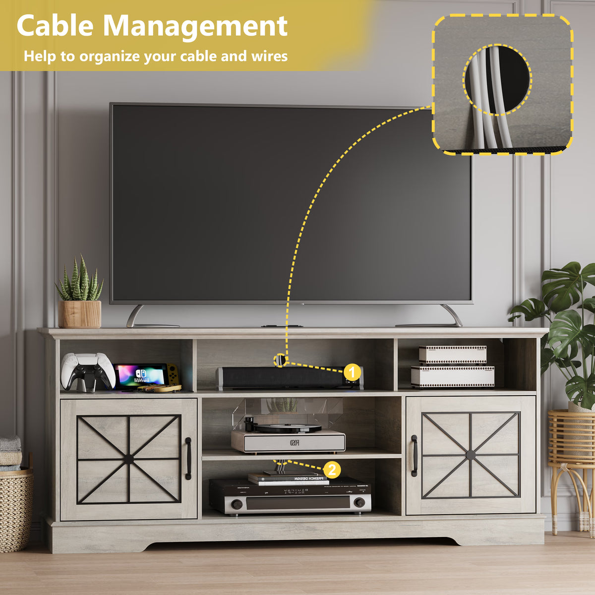 Anymaple Gray farmhouse TV stand with LED, RGB LED lighting for movies gaming and ambient living room style