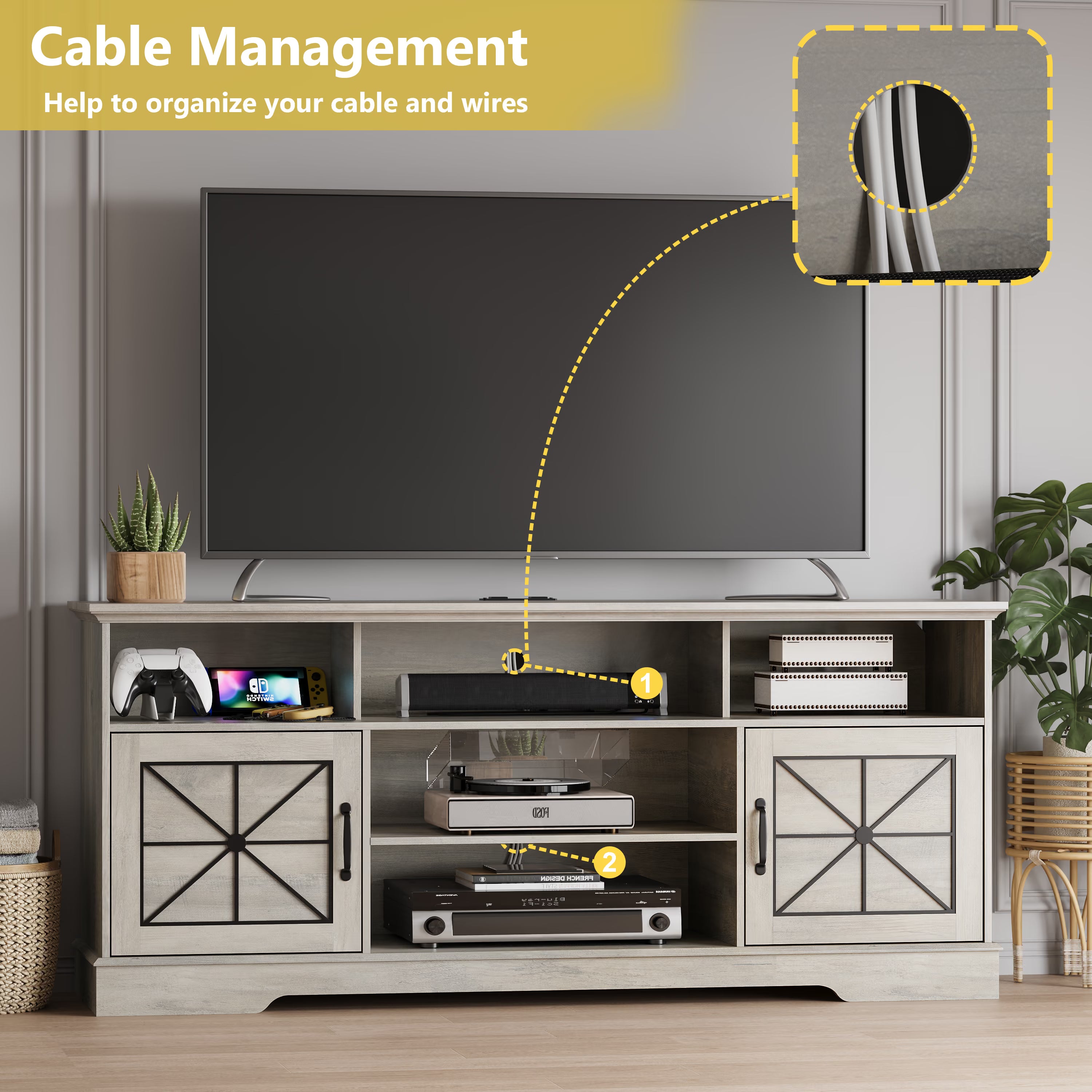 Anymaple Gray farmhouse TV stand with LED, RGB LED lighting for movies gaming and ambient living room style