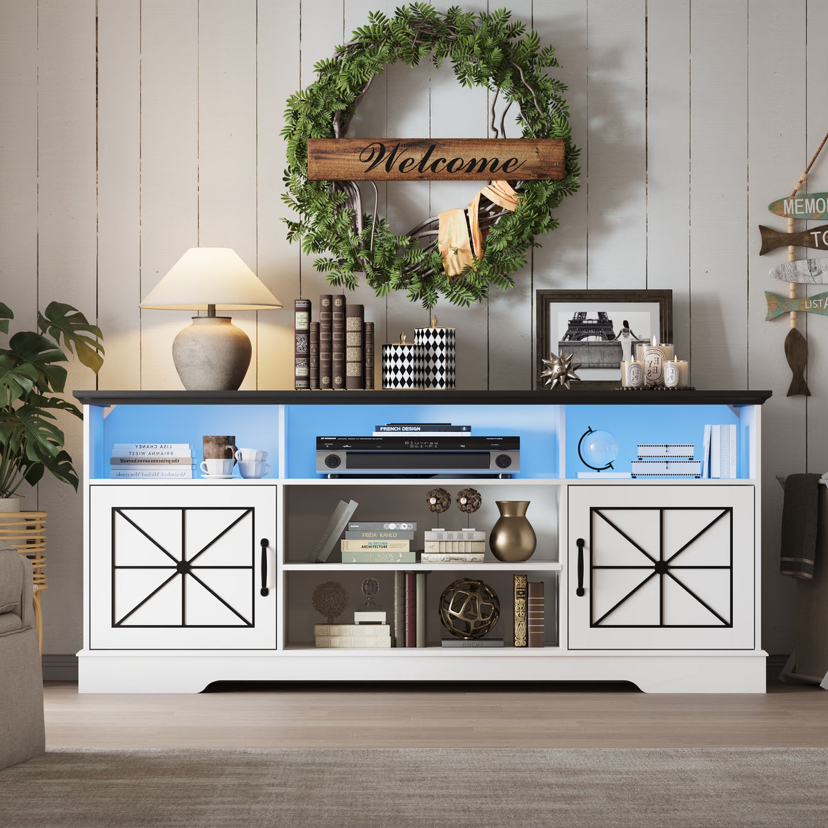 Anymaple White farmhouse TV stand with LED, rear cable management holes for a cleaner media console setup