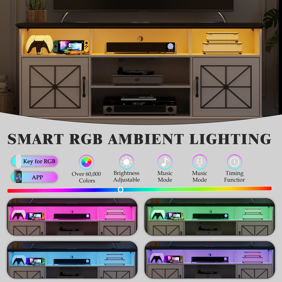 Anymaple White farmhouse TV stand with LED, built in 2 AC outlets and 2 USB ports for media devices