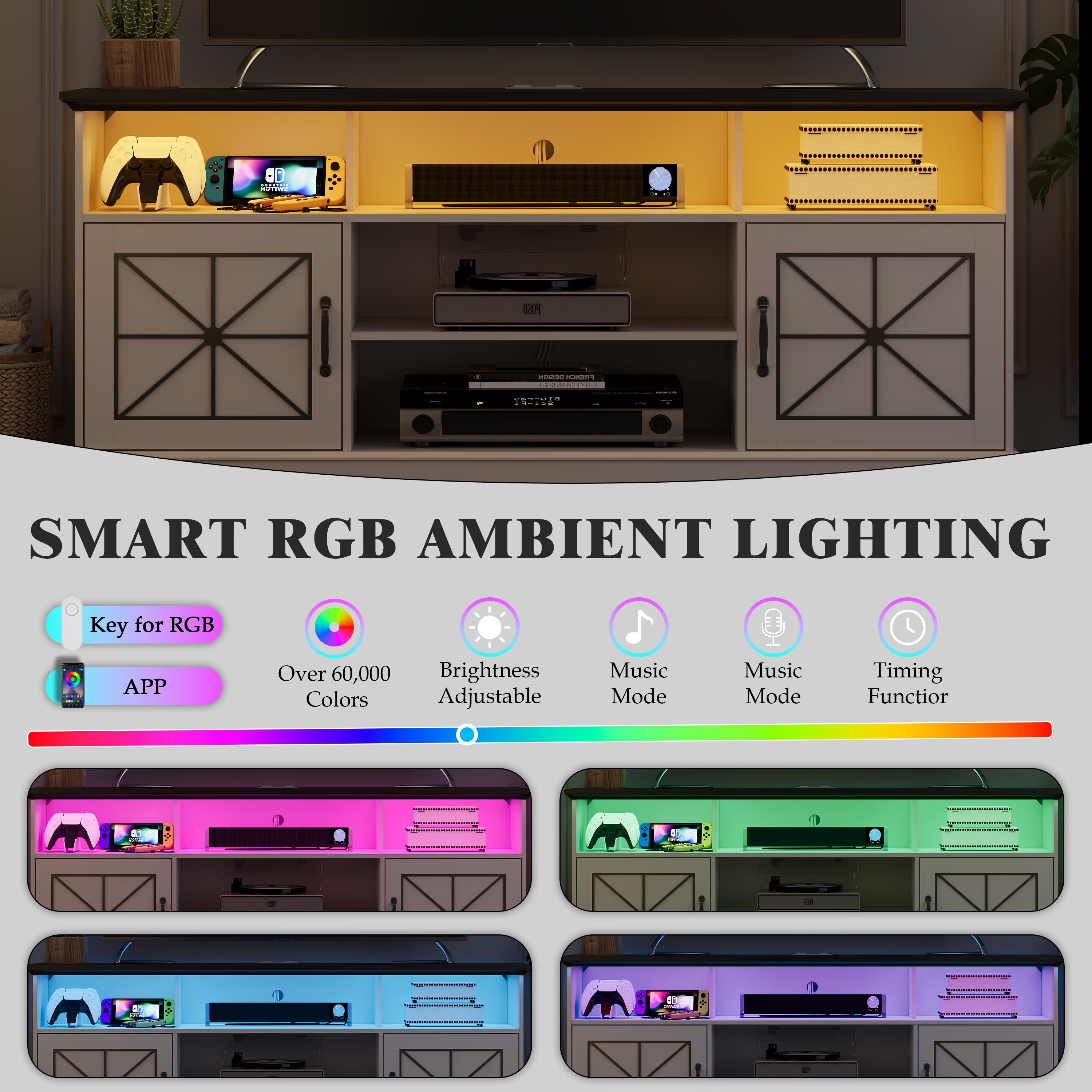 Anymaple White farmhouse TV stand with LED, built in 2 AC outlets and 2 USB ports for media devices