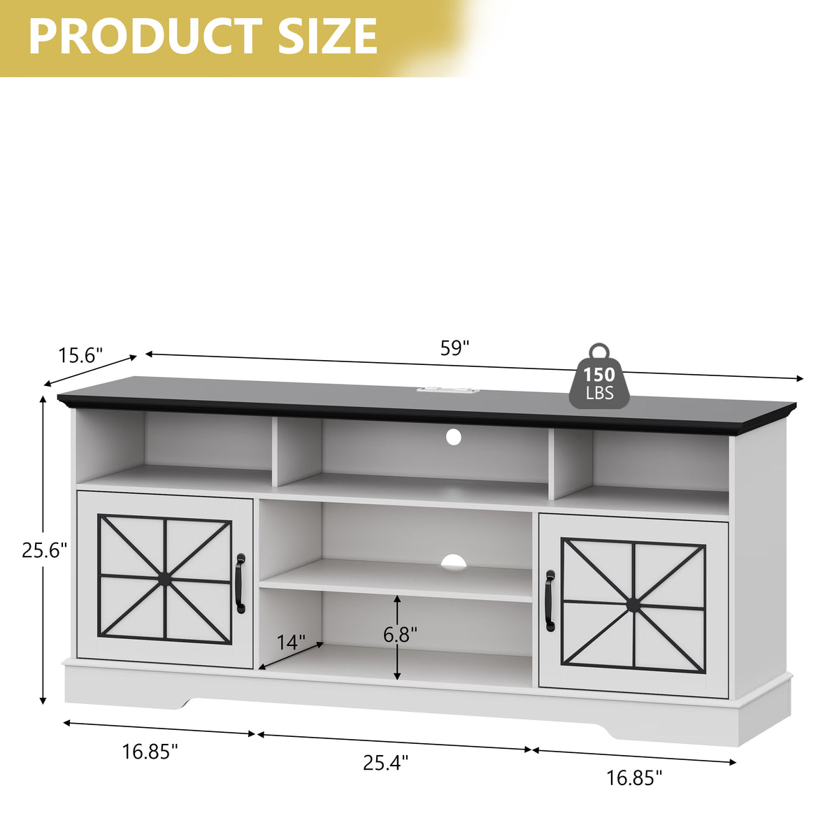 Anymaple White farmhouse TV stand with LED, open shelves and side cabinets for consoles routers books and decor