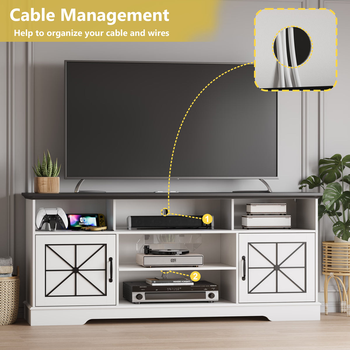 Anymaple White farmhouse TV stand with LED, RGB LED lighting for movies gaming and ambient living room style