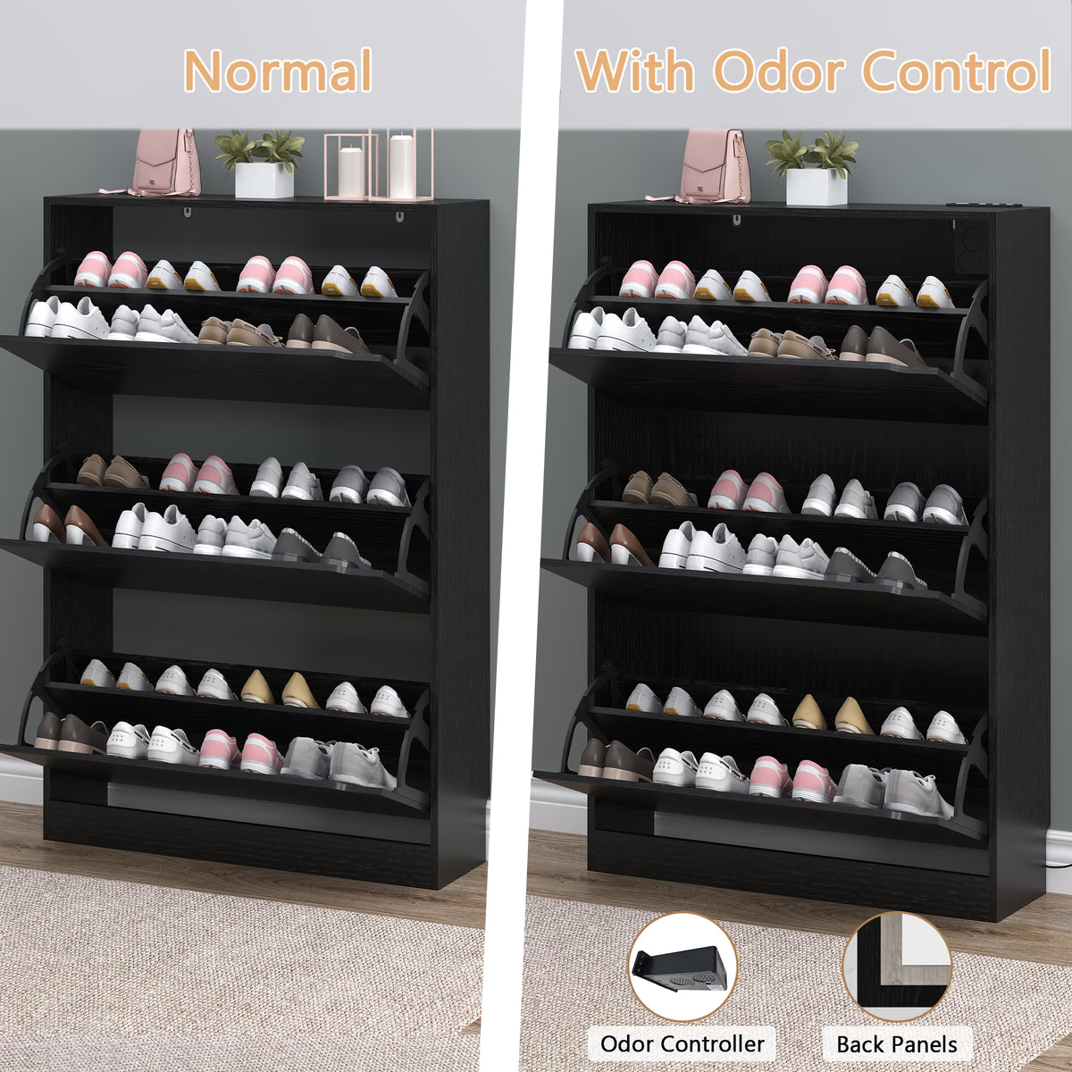 Anymaple Crestline Black deodorizing 3-door shoe cabinet, adjustable panels for sneakers flats heels and slippers
