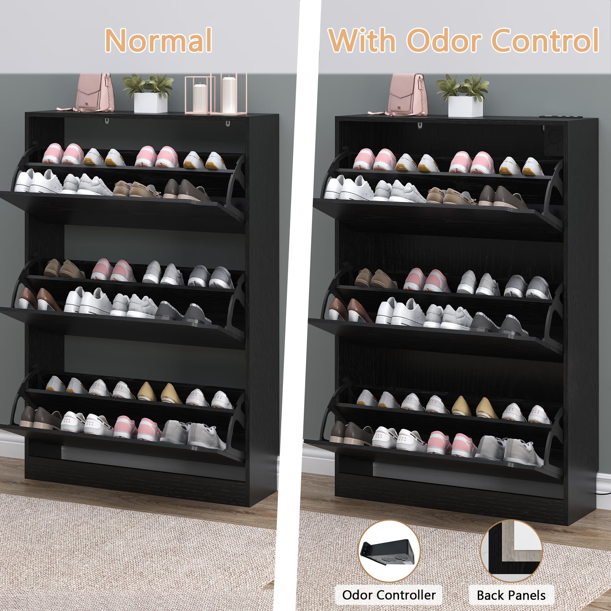 Anymaple Crestline Black deodorizing 3-door shoe cabinet, adjustable panels for sneakers flats heels and slippers