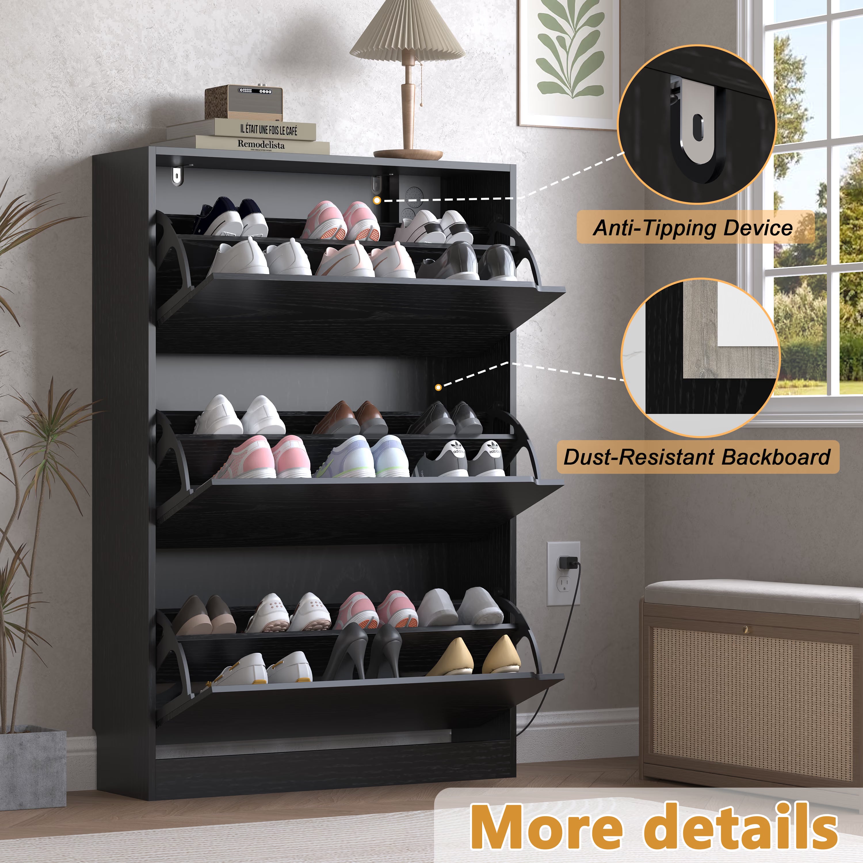 Anymaple Crestline Black deodorizing 3-door shoe cabinet, anti tip stable design for daily family shoe storage