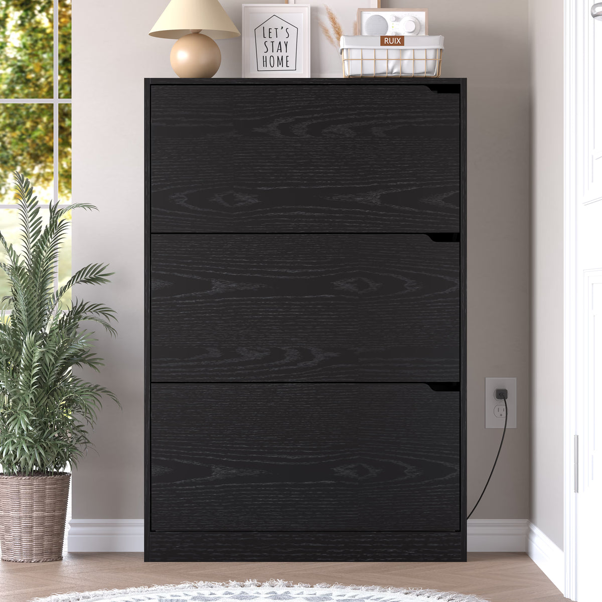 Anymaple Crestline Black deodorizing 3-door shoe cabinet, narrow shoe cabinet styled in a hallway or foyer