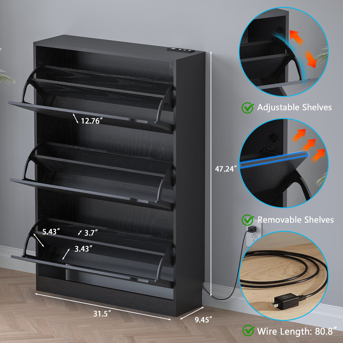 Anymaple Crestline Black deodorizing 3-door shoe cabinet, space saving shoe organizer cabinet for apartment entryway use