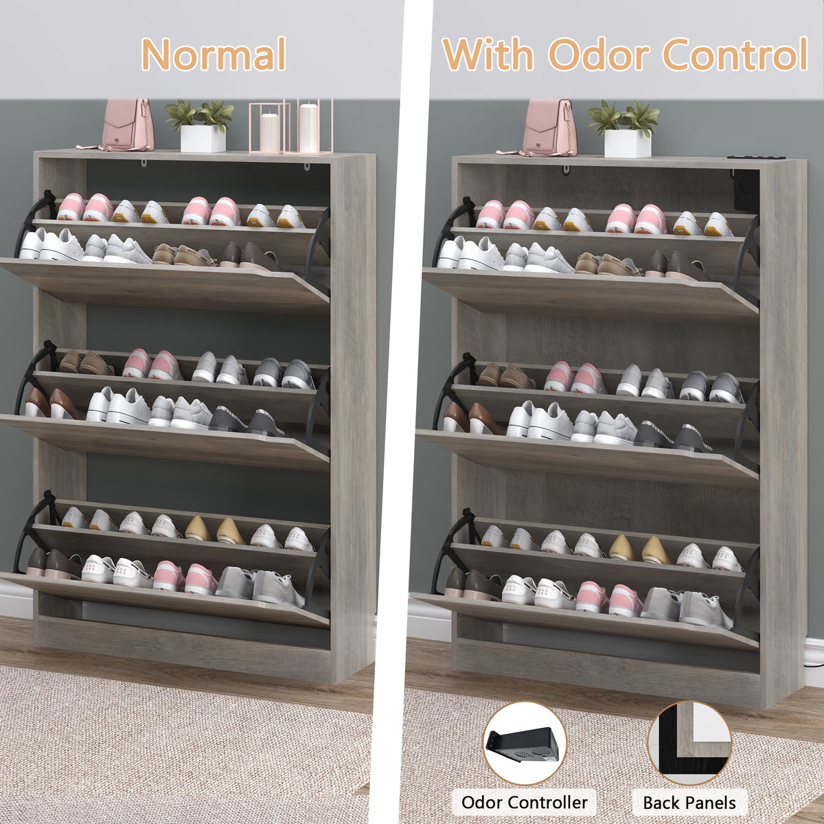 Anymaple Crestline Gray deodorizing 3-door shoe cabinet, adjustable panels for sneakers flats heels and slippers