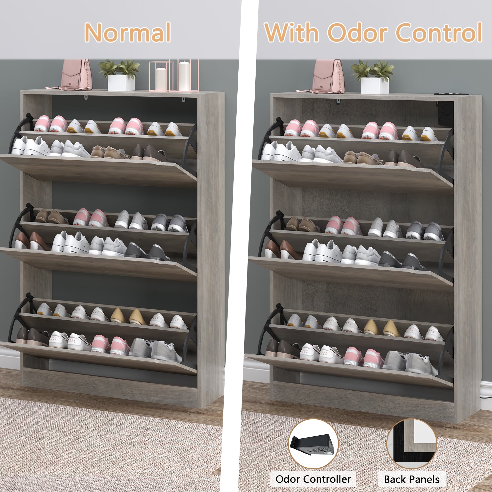 Anymaple Crestline Gray deodorizing 3-door shoe cabinet, adjustable panels for sneakers flats heels and slippers