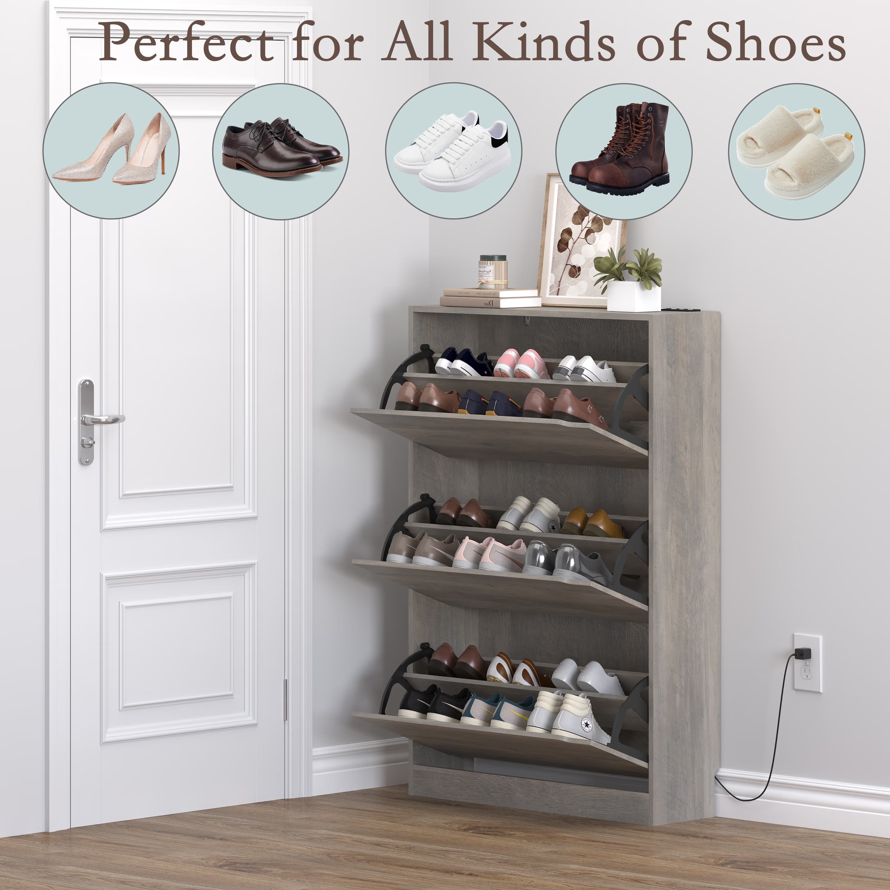 Anymaple Crestline Gray deodorizing 3-door shoe cabinet, deodorizing ventilation detail for fresher enclosed shoe storage