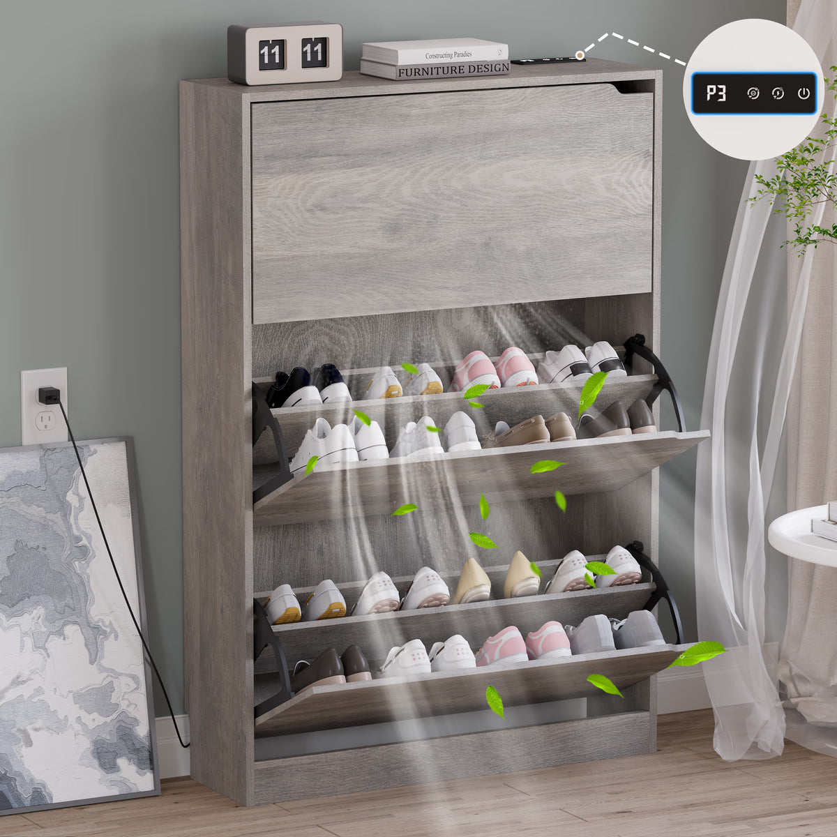 Anymaple Crestline Gray deodorizing 3-door shoe cabinet, deodorizing 3 flip drawer shoe cabinet for entryway storage