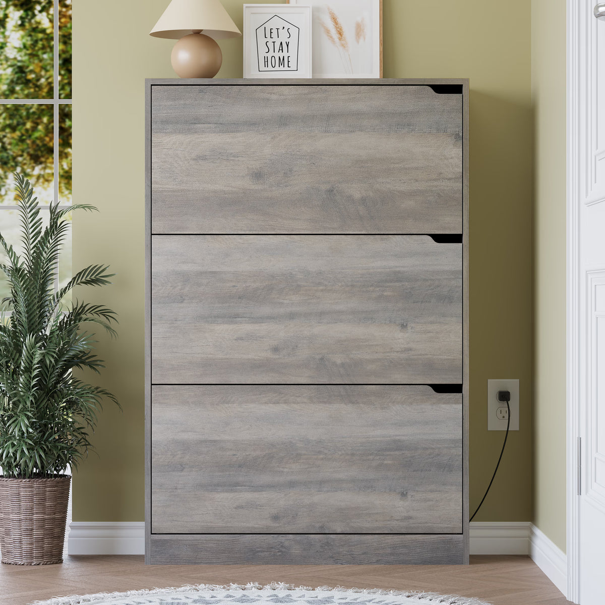 Anymaple Crestline Gray deodorizing 3-door shoe cabinet, narrow shoe cabinet styled in a hallway or foyer