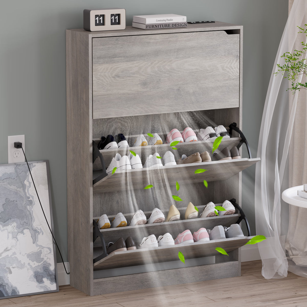 Anymaple Crestline Gray deodorizing 3-door shoe cabinet, multi angle view of modern narrow entryway shoe cabinet