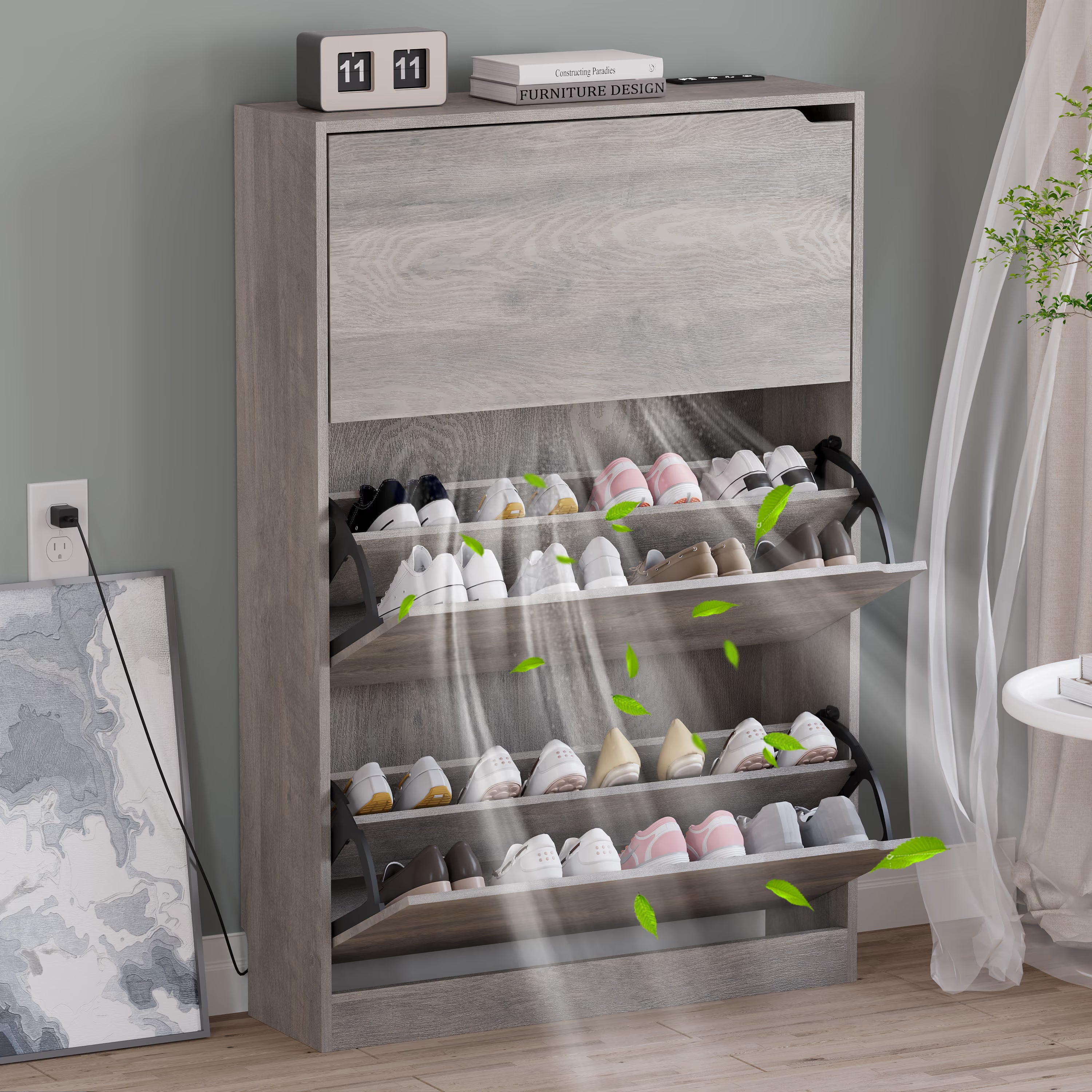 Anymaple Crestline Gray deodorizing 3-door shoe cabinet, multi angle view of modern narrow entryway shoe cabinet