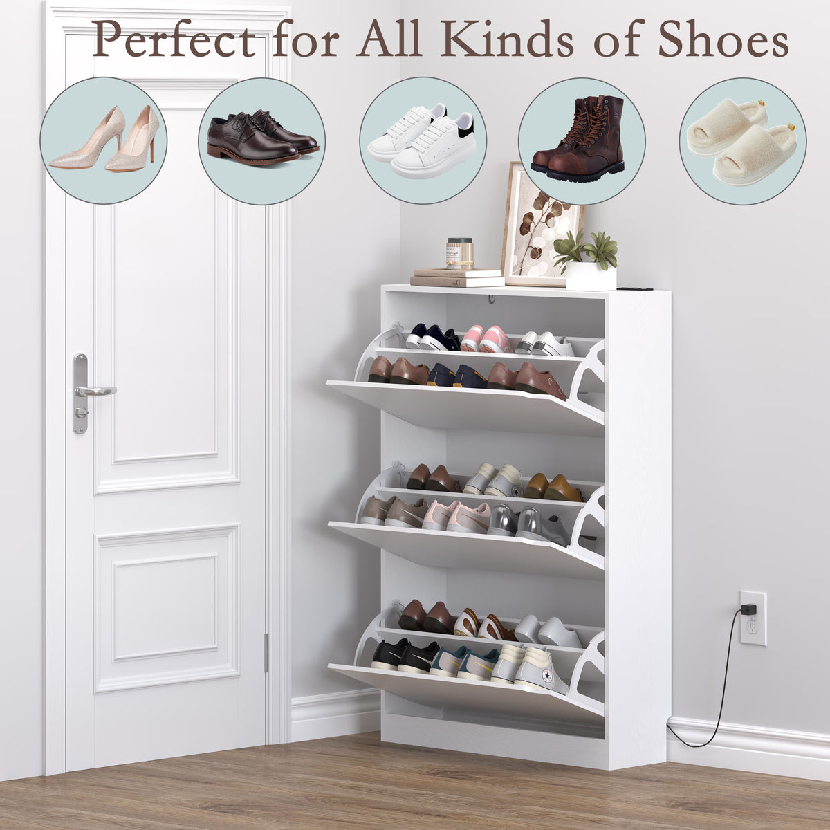 Anymaple Crestline White deodorizing 3-door shoe cabinet, adjustable panels for sneakers flats heels and slippers
