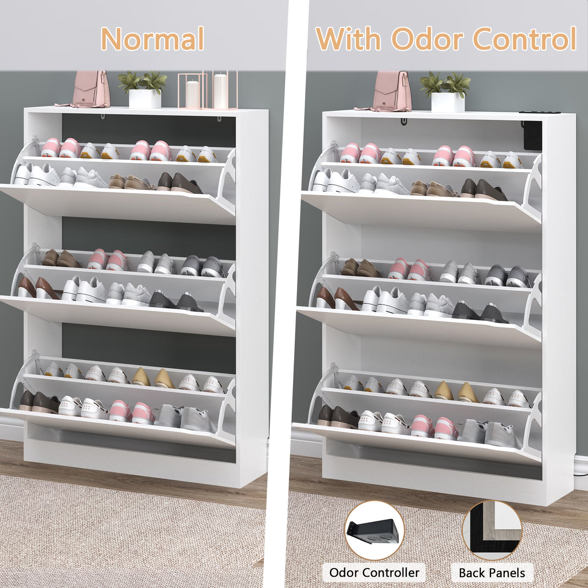 Anymaple Crestline White deodorizing 3-door shoe cabinet, anti tip stable design for daily family shoe storage