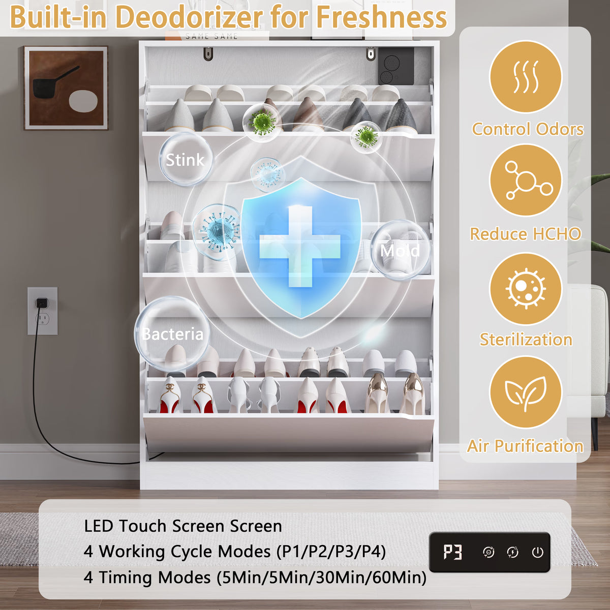 Anymaple Crestline White deodorizing 3-door shoe cabinet, deodorizing ventilation detail for fresher enclosed shoe storage