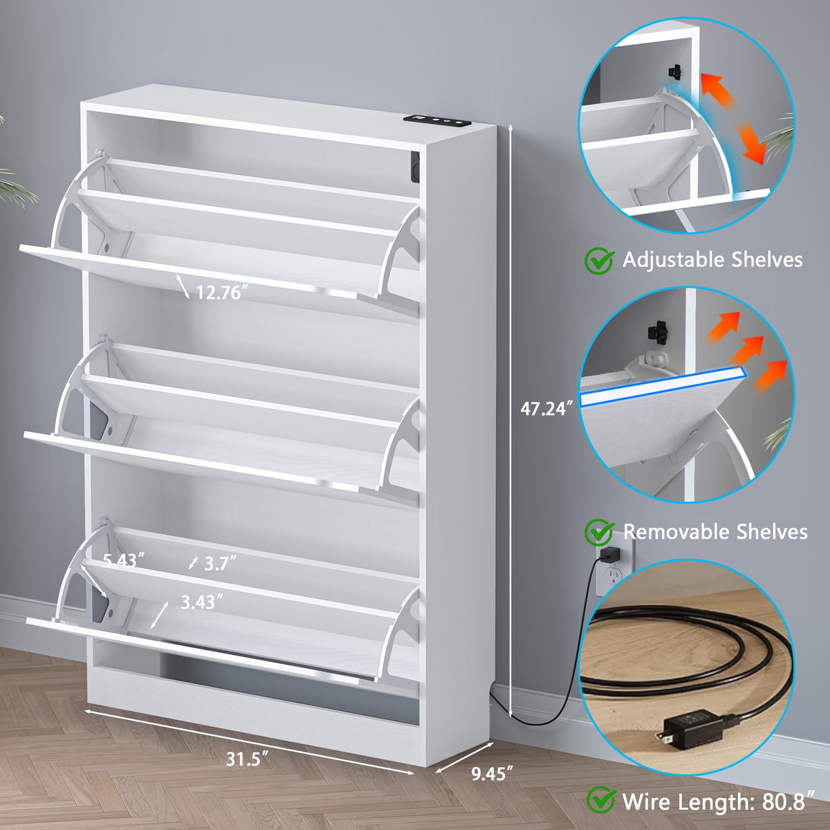 Anymaple Crestline White deodorizing 3-door shoe cabinet, dimensions view for slim narrow shoe cabinet placement