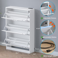 Anymaple Crestline White deodorizing 3-door shoe cabinet, dimensions view for slim narrow shoe cabinet placement