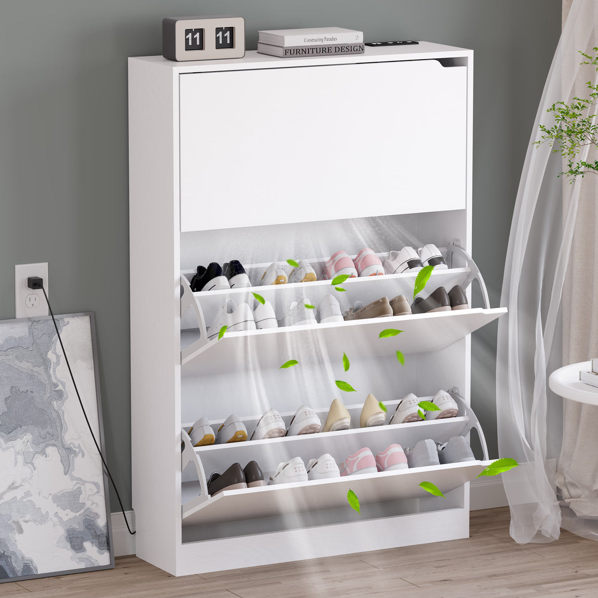 Anymaple Crestline White deodorizing 3-door shoe cabinet, deodorizing 3 flip drawer shoe cabinet for entryway storage