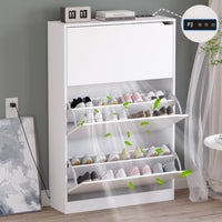 Anymaple Crestline White deodorizing 3-door shoe cabinet, narrow shoe cabinet styled in a hallway or foyer