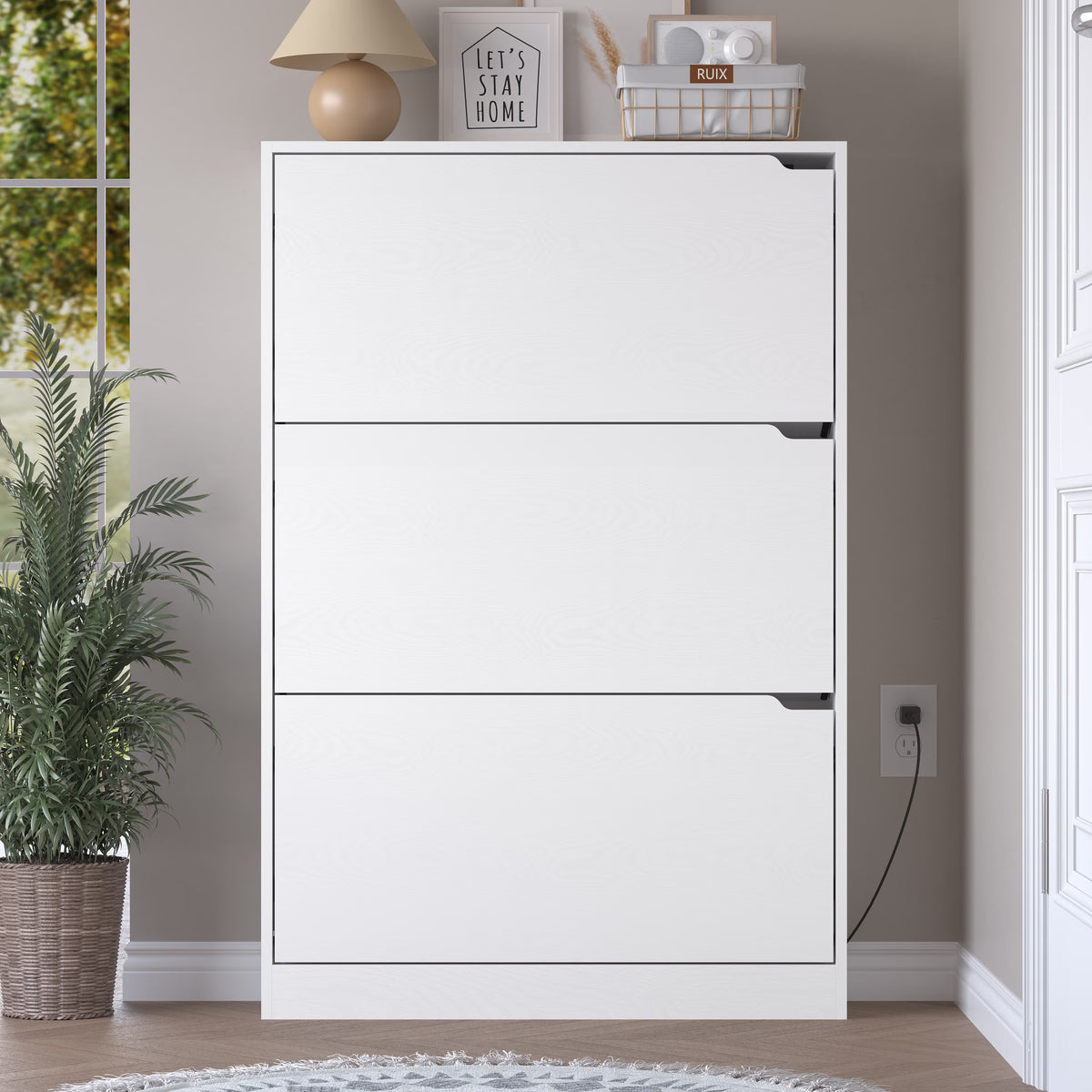 Anymaple Crestline White deodorizing 3-door shoe cabinet, space saving shoe organizer cabinet for apartment entryway use