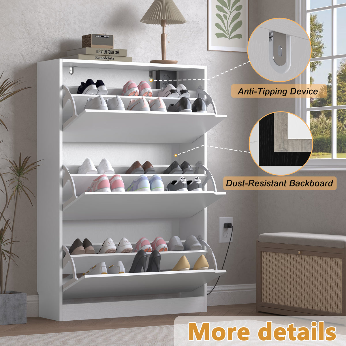Anymaple Crestline White deodorizing 3-door shoe cabinet, multi angle view of modern narrow entryway shoe cabinet
