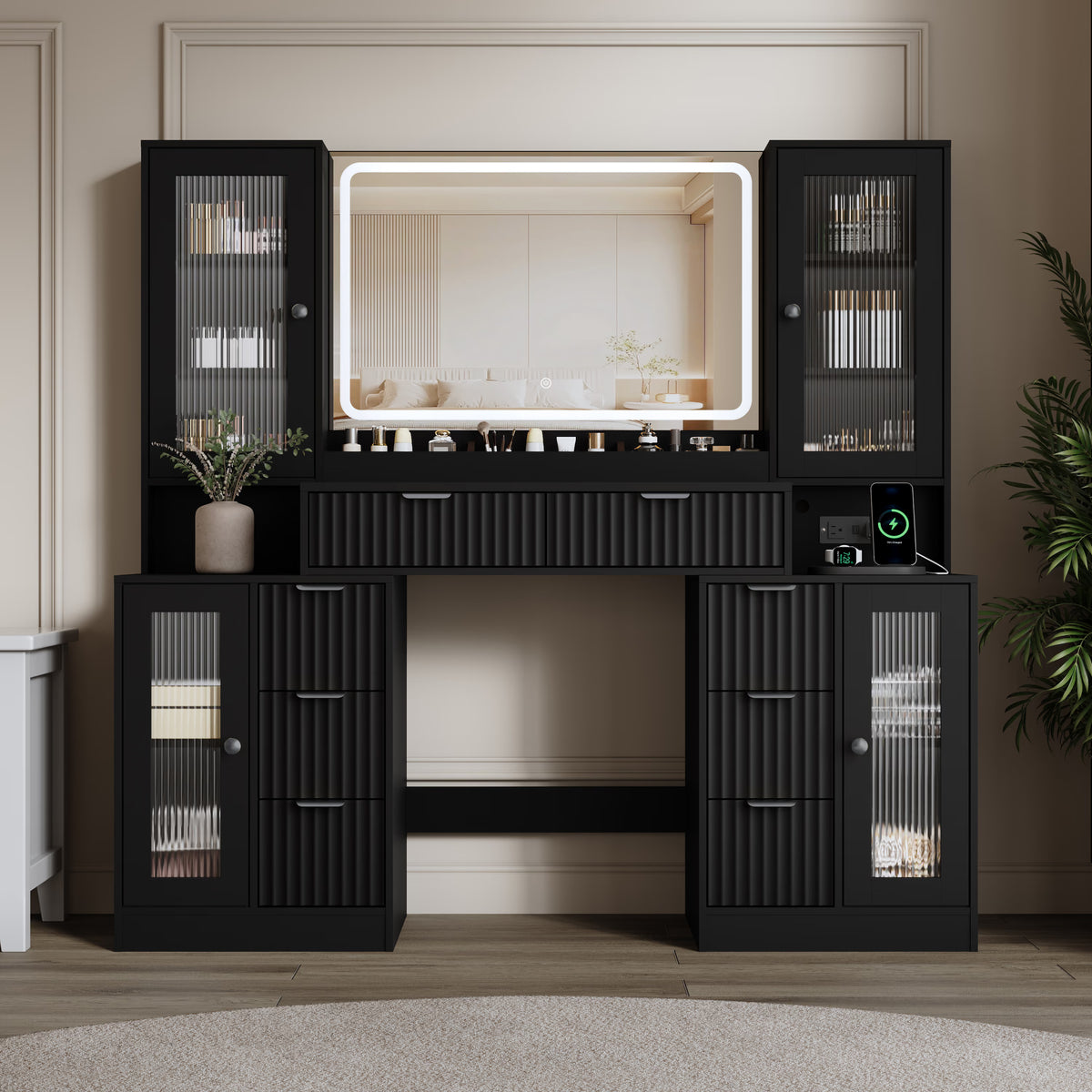 Anymaple Linea Collection Black 55" fluted makeup vanity desk with mirror and lights fluted drawer fronts and modern bedroom vanity styling