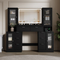 Anymaple Linea Collection Black 55" fluted makeup vanity desk with mirror and lights fluted drawer fronts and modern bedroom vanity styling