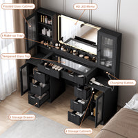 Anymaple Linea Collection Black 55" fluted makeup vanity desk with mirror and lights tempered glass top, storage trays, drawers, and cabinet organization