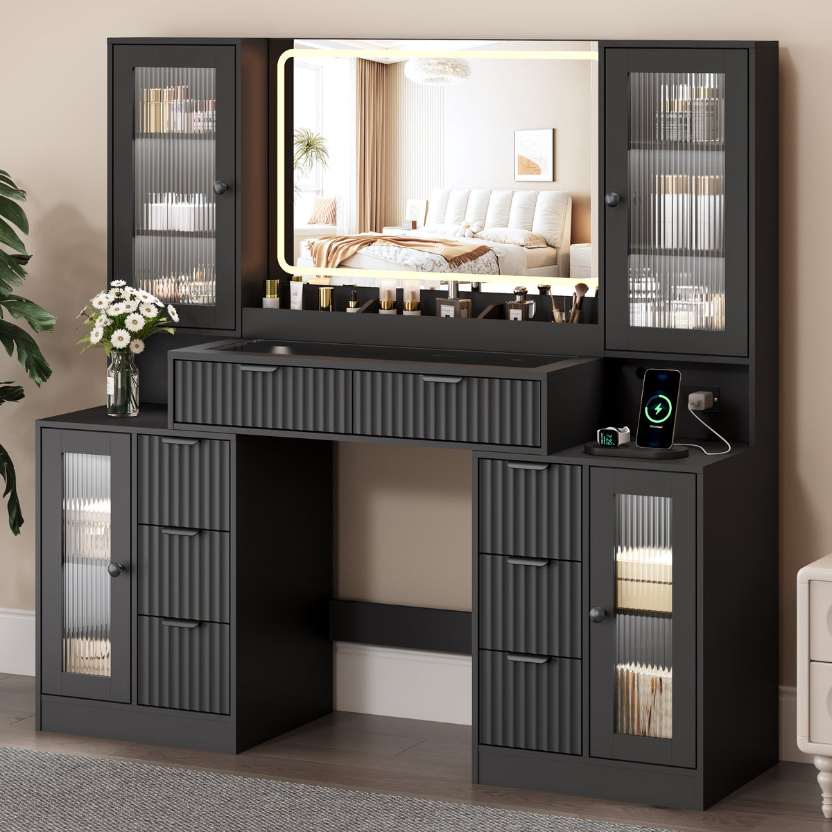 Anymaple Linea Collection Black 55" fluted makeup vanity desk with mirror and lights main view with fluted vanity desk, glass top, mirror lights, drawers, and cabinets