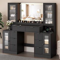 Anymaple Linea Collection Black 55" fluted makeup vanity desk with mirror and lights main view with fluted vanity desk, glass top, mirror lights, drawers, and cabinets