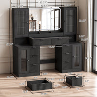 Anymaple Linea Collection Black 55" fluted makeup vanity desk with mirror and lights product size dimensions, 55"W x 16"D x 54"H